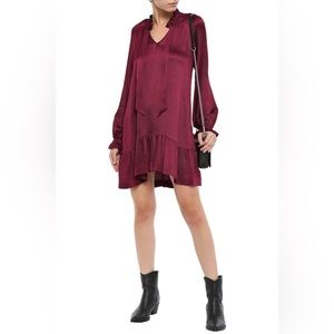 Sandro burgundy silk mini dress with ruffles